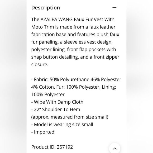 AZALEA WANG FAUX FUR PANEL VEST WITH MOTO TRIM, NWT - Picture 3 of 9